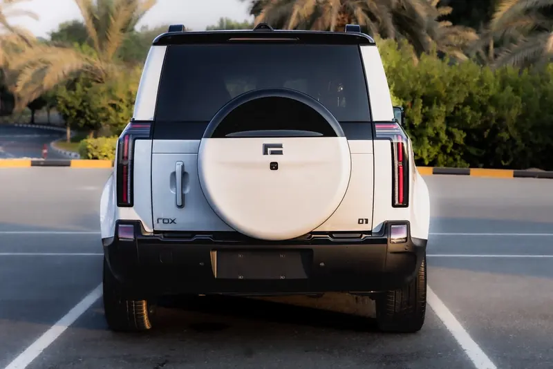 ROX 01 2026 Polar White / Amber – 7 Seats – rear view with external spare wheel