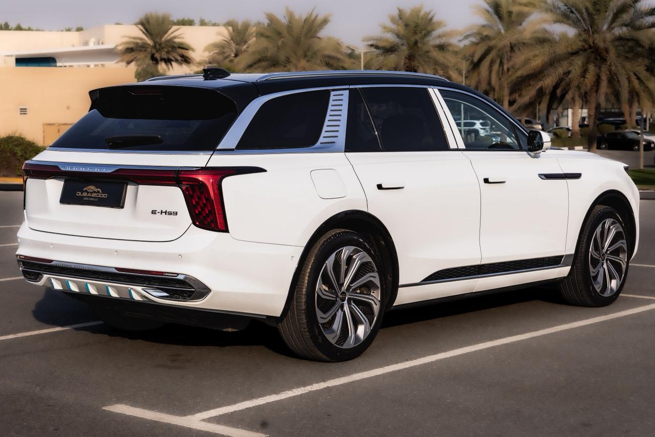 Hongqi E-HS9 2025 White – rear three-quarter view