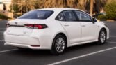 White Toyota Corolla Hybrid sedan parked in an empty parking lot with palm trees in the background.